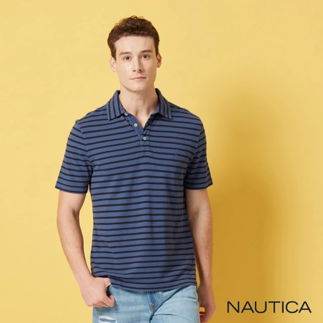 NAUTICA 男裝 百搭細條紋短袖POLO衫(深藍色)