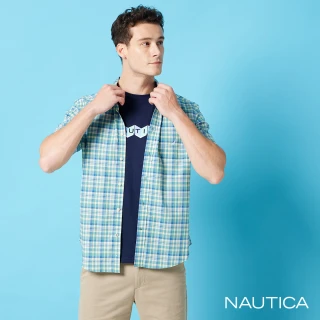 【NAUTICA】男裝 舒適透氣格紋短袖襯衫(綠藍色)