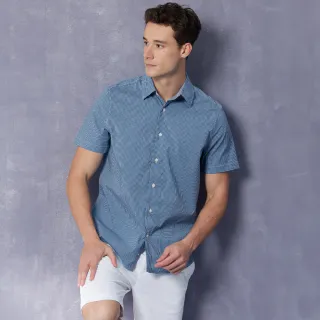 【NAUTICA】男裝 吸濕排汗細格紋短袖襯衫(藍色)