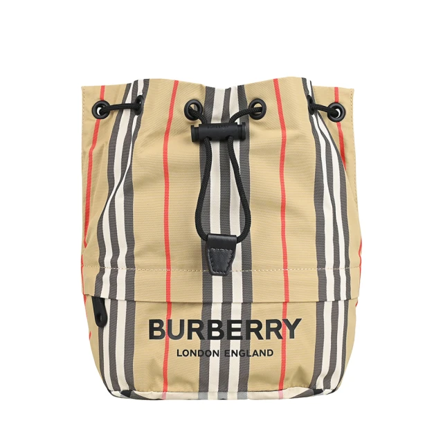 BURBERRY 巴寶莉 BURBERRY黑字印花LOGO格紋設計尼龍束口手提水桶包(典藏米)