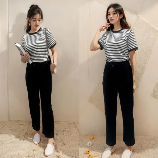 【baibeauty 白鳥麗子】休閒條紋圓領短袖上衣+百搭雙口袋直筒長褲(兩件式套裝)