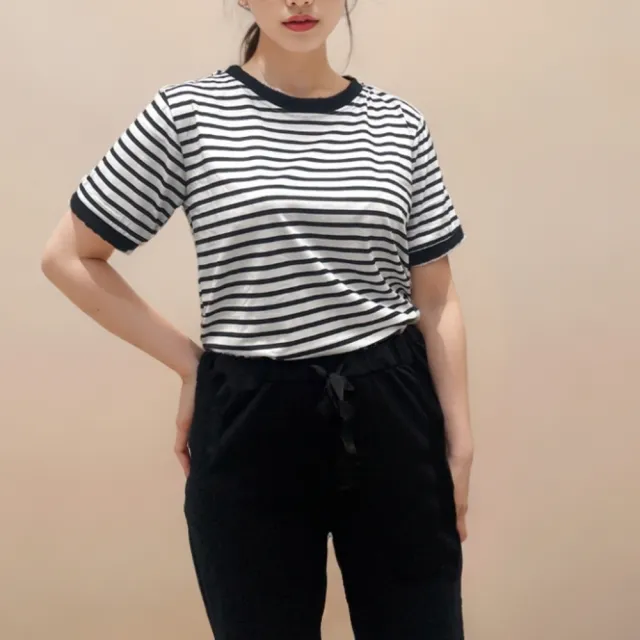 【baibeauty 白鳥麗子】休閒條紋圓領短袖上衣+百搭雙口袋直筒長褲(兩件式套裝)