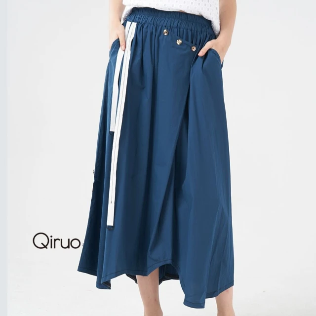 Qiruo 奇若名品 專櫃精品藍色休閒裙2075B 蝴蝶結造型(M-XL)