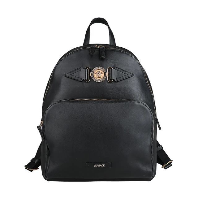 VERSACE 凡賽斯 VERSACE BIGGIE美杜莎金屬LOGO小牛皮拉鍊後背包(黑)