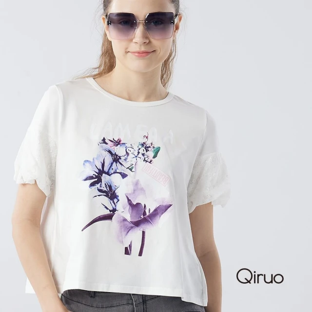 Qiruo 奇若名品 春夏專櫃白色短袖上衣2087A 紫色花朵款(M-2XL)