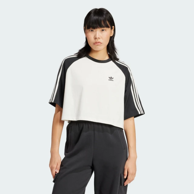 adidas 愛迪達 ADICOLOR 短版短袖上衣(IZ2828 女款運動上衣 ORIGINALS寬鬆短版T恤 白x黑)