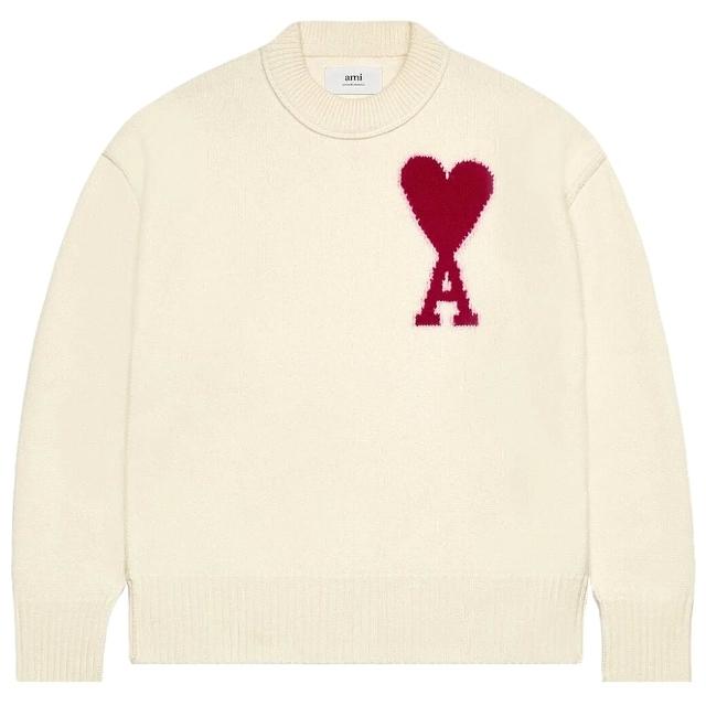 【AMI PARIS】經典款 男女同款 愛心A圖騰大LOGO 羊毛圓領毛衣-米白色(XS號、S號、M號、L號)