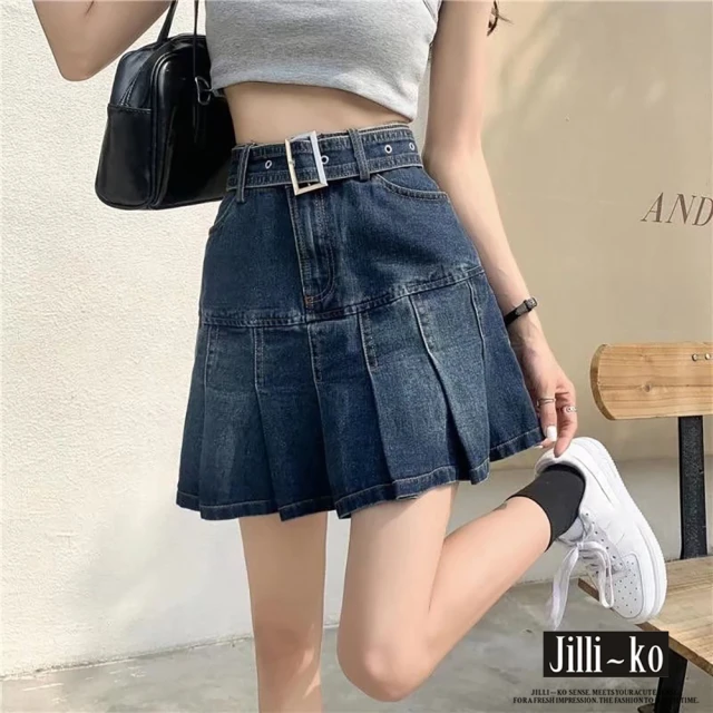 JILLI-KO INS原宿復古洗水百搭牛仔百褶裙女-M/L(藍)