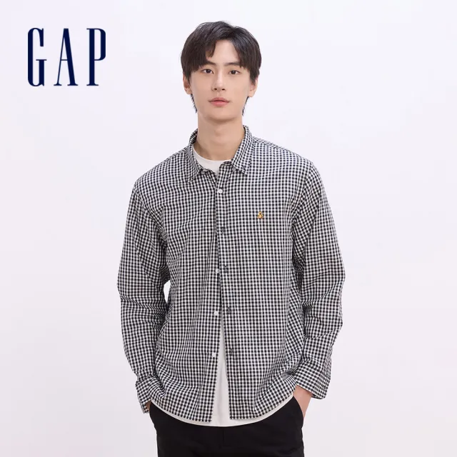 【GAP】男裝 純棉小熊刺繡翻領長袖襯衫-黑色(635917)