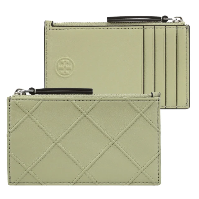 TORY BURCH 簡約雙T菱格車線信用卡證件名片零錢包(淡綠)