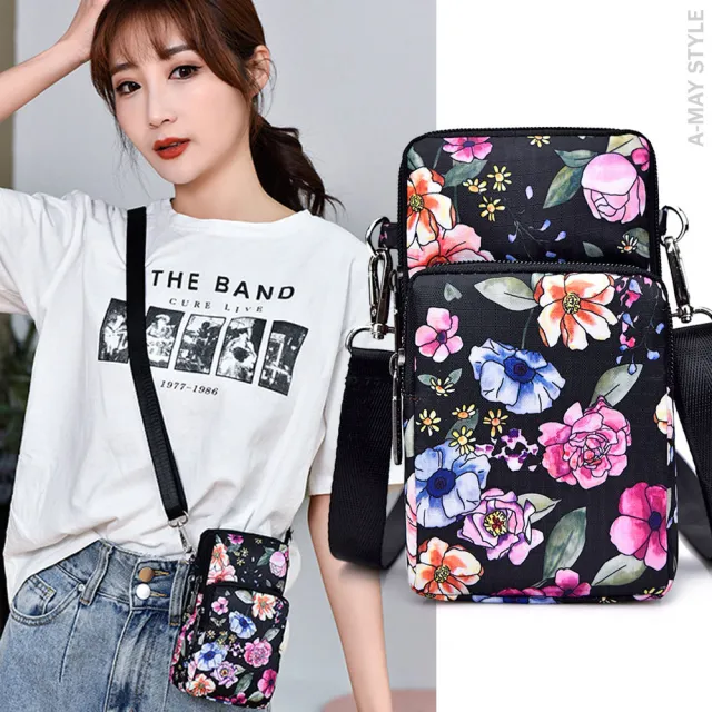 【Amay Style 艾美時尚】女包 斜背包 肩背包 休閒花卉幾何印花防潑水尼龍手機包(11色.現貨+預購)