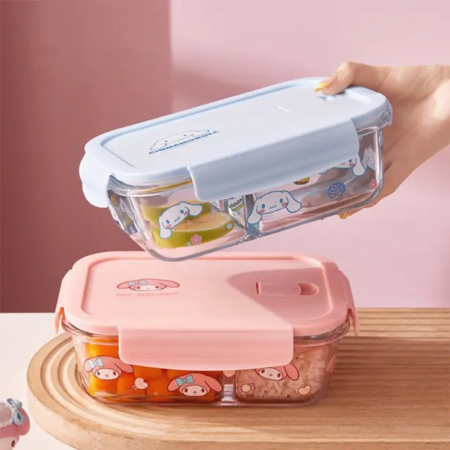 【SANRIO 三麗鷗】大耳狗凱蒂貓美樂蒂2格玻璃保鮮盒便當盒(可微波)