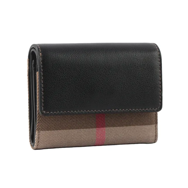 【BURBERRY 巴寶莉】Lancaster 牛皮及帆布格紋三折短夾(黑色/棕)