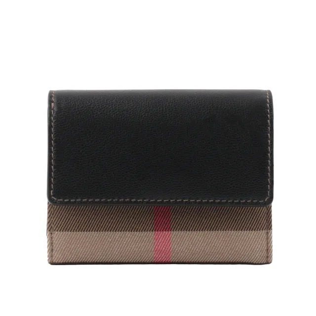 【BURBERRY 巴寶莉】Lancaster 牛皮及帆布格紋三折短夾(黑色/棕)