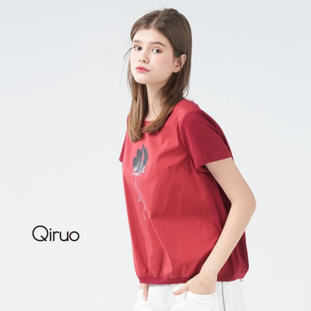 Qiruo 奇若名品 春夏專櫃紅色上衣3045A 精緻女裝花設計(M-2XL)