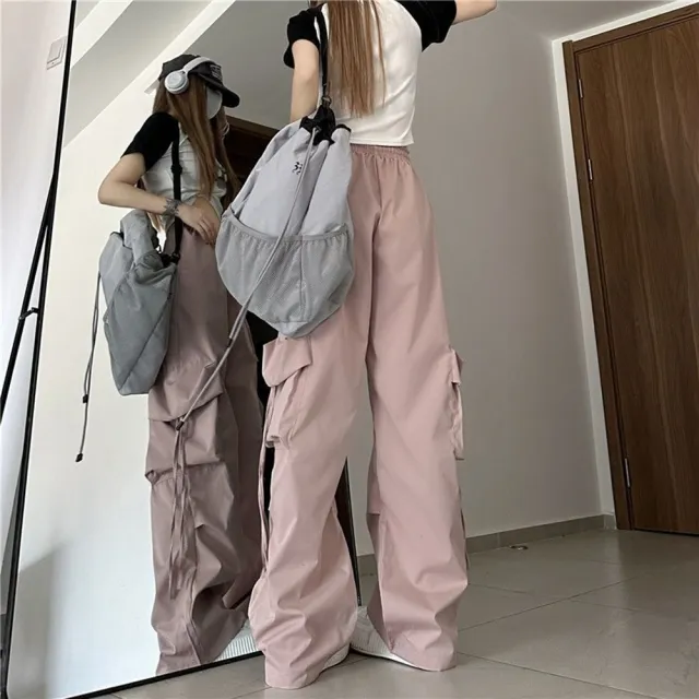 【D.studio】韓版寬鬆高腰直筒設計感鬆緊速乾工作褲(寬褲 褲子 長褲 休閒褲 女裝 高腰褲 P294)