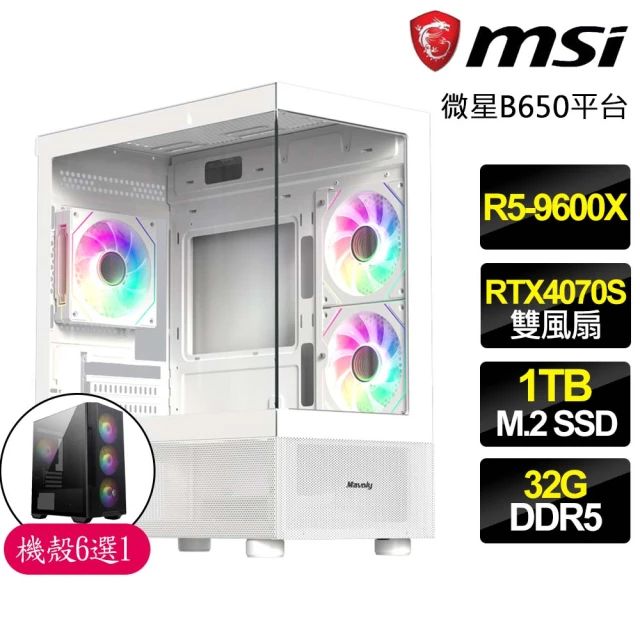 微星平台 R5六核 RTX4070 SUPER {虎虎生威}海景房電競電腦(R5-9600X/B650/32G D5/1TB)