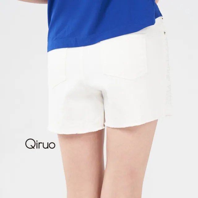 【Qiruo 奇若名品】水鑽閃亮精緻裝飾 顯出高挑白色超短褲1221C