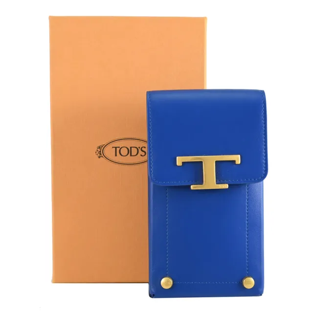 【TOD’S】TODS T Timeless 金屬T LOGO小牛皮扣式手機包斜背包(寶藍)