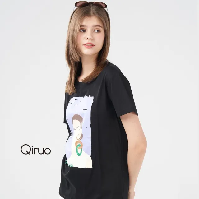 【Qiruo 奇若名品】棉質圓領 胸前女印花圖案黑色短袖上衣1237A
