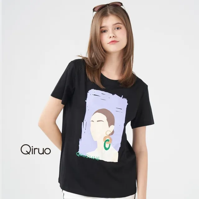 【Qiruo 奇若名品】棉質圓領 胸前女印花圖案黑色短袖上衣1237A