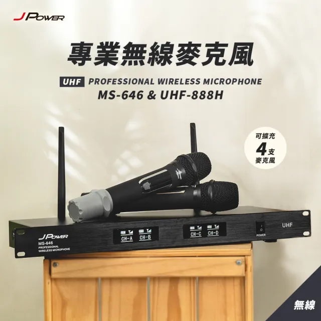 【J-POWER 杰強】震天雷 專業無線麥克風 MS-646+UHF-888H 雙麥組(震天雷 無線麥克風2支 646 UHF 888H)