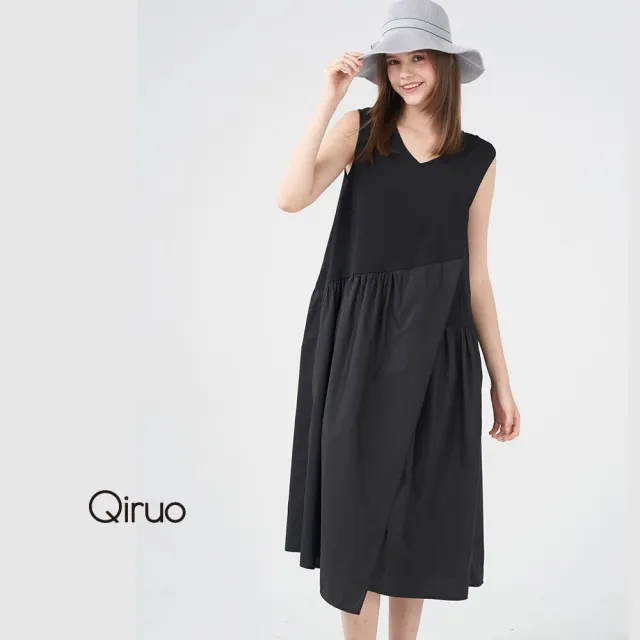 【Qiruo 奇若名品】背心式V領 棉質紗質雙材質拼接  設計 黑長洋裝3021F