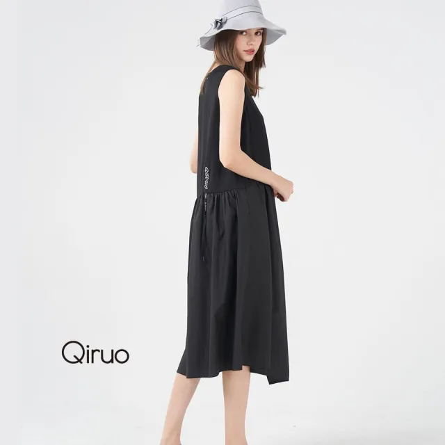 【Qiruo 奇若名品】背心式V領 棉質紗質雙材質拼接  設計 黑長洋裝3021F