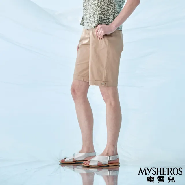 【MYSHEROS 蜜雪兒】高含棉五分褲 前釦拉鍊後鬆緊 反摺褲管造型(卡其)