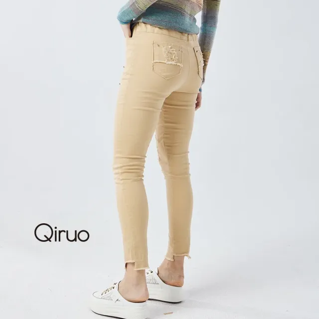 【Qiruo 奇若名品】珍珠點綴抓破鬚口咖啡緊身款 專櫃牛仔褲9123C-80