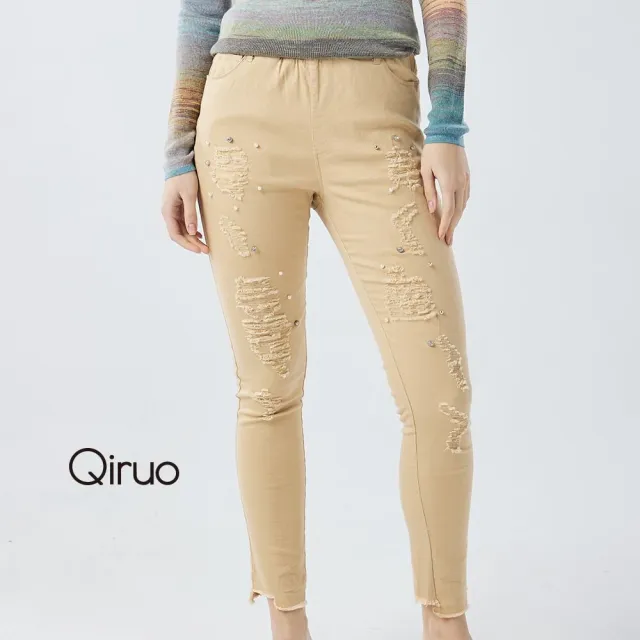 【Qiruo 奇若名品】珍珠點綴抓破鬚口咖啡緊身款 專櫃牛仔褲9123C-80