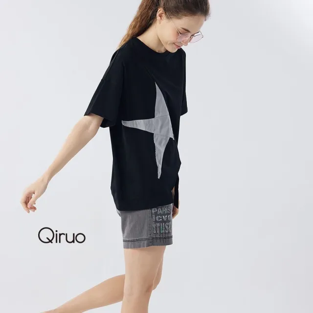 【Qiruo 奇若名品】純棉短袖棉T 星星符號不規則剪裁黑色寬鬆上衣3050A