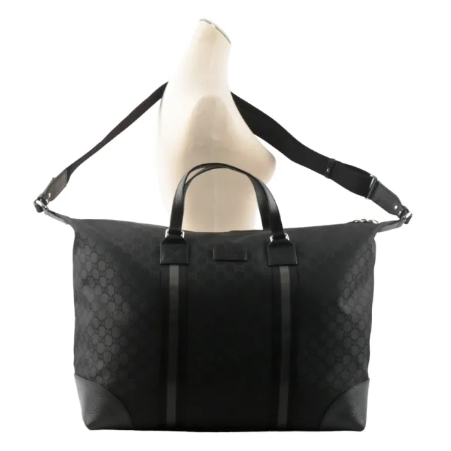 【GUCCI 古馳】GG Logo 帆布及皮革二用公事包/行李袋(黑灰色)