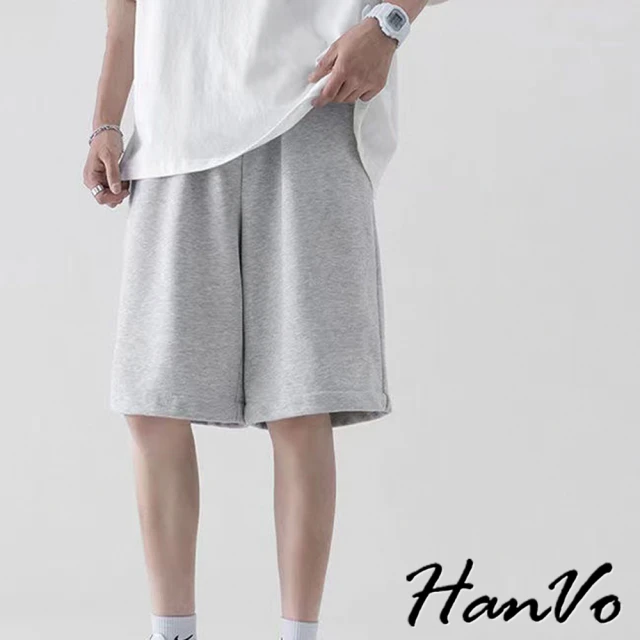 HanVo 現貨 男款素色休閒運動五分褲(夏季簡約百搭寬鬆 韓系潮流褲 男褲 B3017)