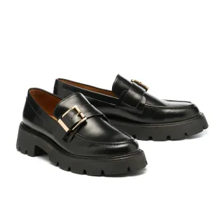 【AS 集團】時尚品味方釦寬帶啞光牛油皮樂福厚底鞋(黑)