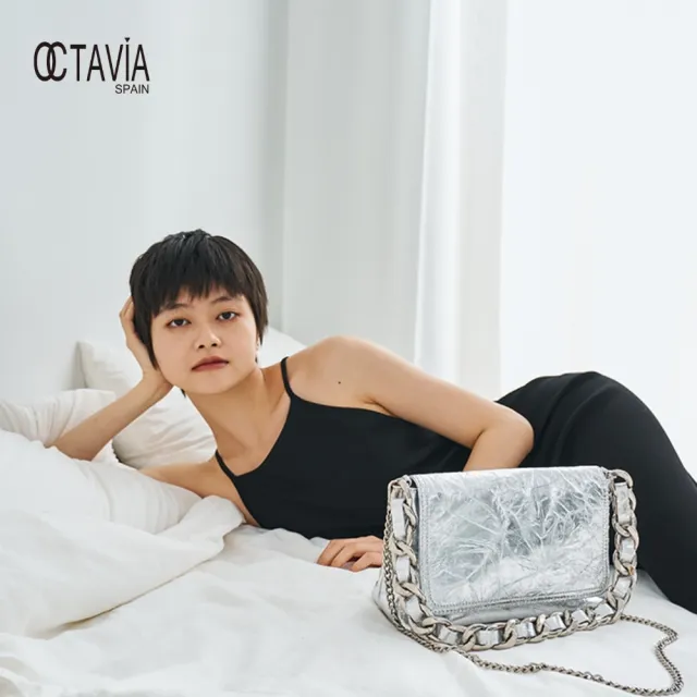 【OCTAVIA 8】雙11 OCTAVIA8 真皮- 大女子II 金屬色粗鍊條翻蓋造型肩背包 - 吸晴銀(OCTAVIA 8 20