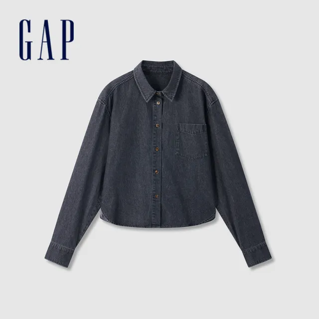 【GAP】女裝 純棉翻領長袖牛仔襯衫-黑色(646208)