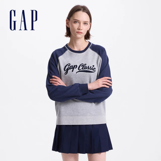 GAP 女裝 Logo刺繡圓領長袖上衣 碳素軟磨法式圈織系列-淺灰色(641222)