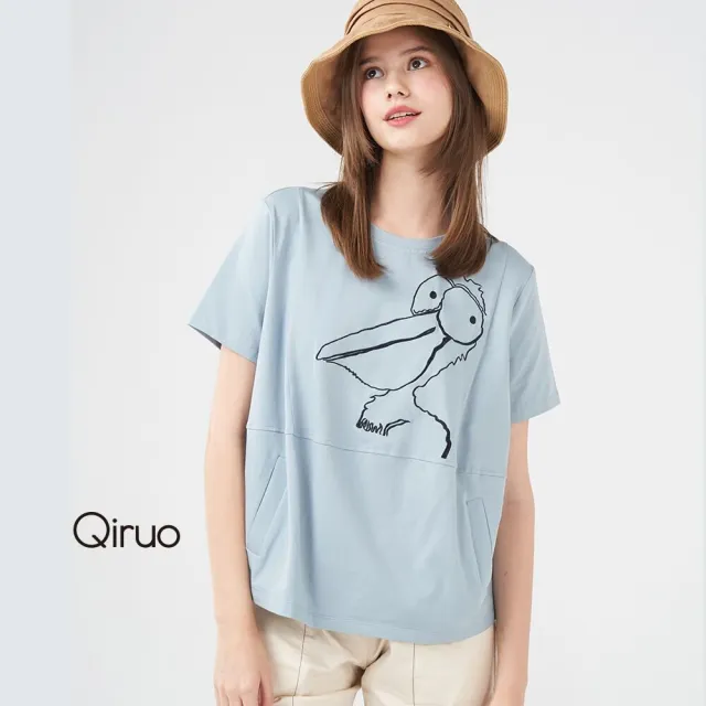【Qiruo 奇若名品】圓領 棉質雙口袋粉藍大嘴鳥可愛插圖上衣2010A