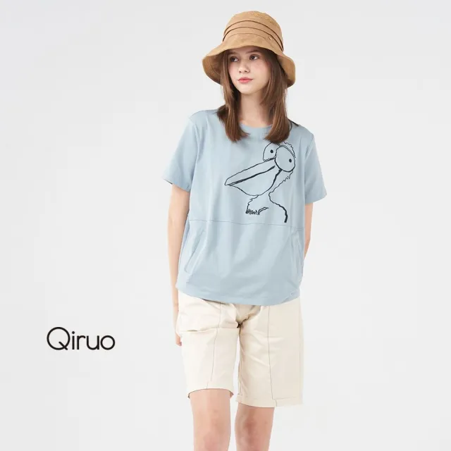 【Qiruo 奇若名品】圓領 棉質雙口袋粉藍大嘴鳥可愛插圖上衣2010A