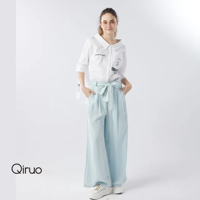 【Qiruo 奇若名品】棉質布料滑順水藍色 蝴蝶結寬褲2067C