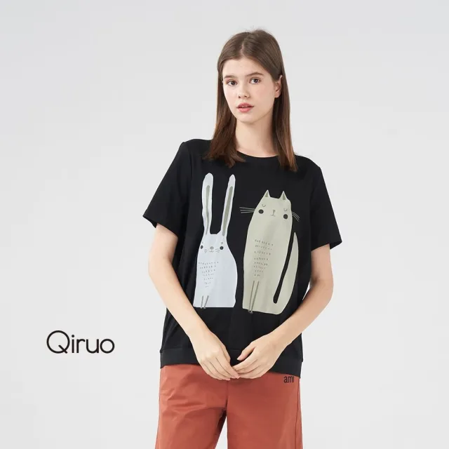 【Qiruo 奇若名品】可愛貓咪圖案棉T專櫃黑色短袖上衣2091A