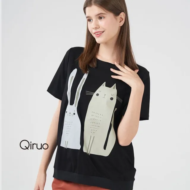 【Qiruo 奇若名品】可愛貓咪圖案棉T專櫃黑色短袖上衣2091A