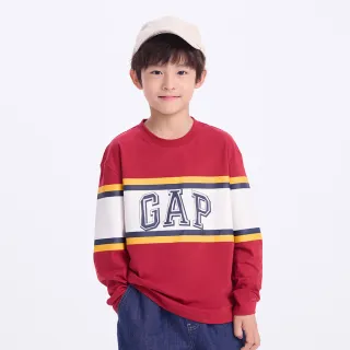 【GAP】男童裝 Logo純棉印花圓領長袖T恤-紅白拼接(634883)