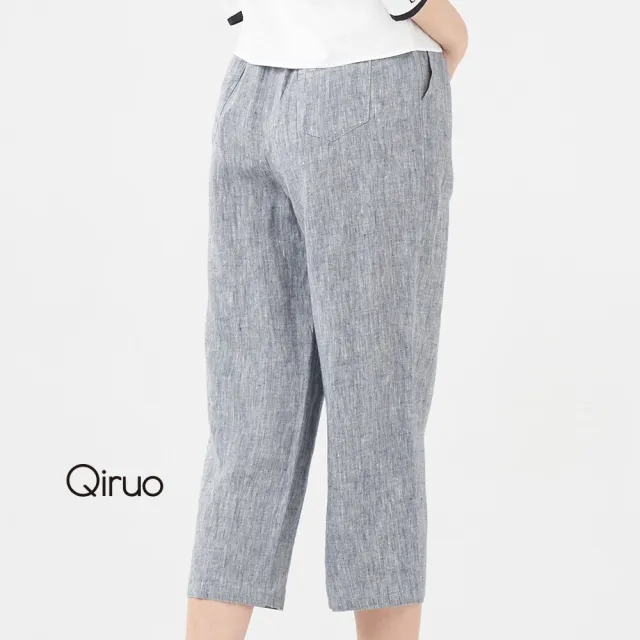 【Qiruo 奇若名品】棉麻細格 鬆緊腰筆直長褲七分休閒褲3061C