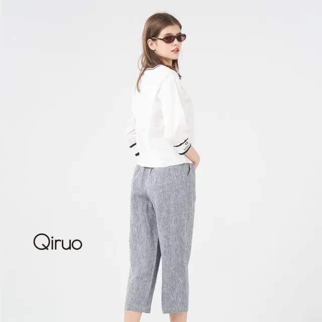【Qiruo 奇若名品】棉麻細格 鬆緊腰筆直長褲七分休閒褲3061C