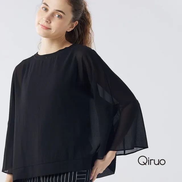 【Qiruo 奇若名品】雪紡紗 七分水袖寬版黑色短版寬鬆上衣3065A