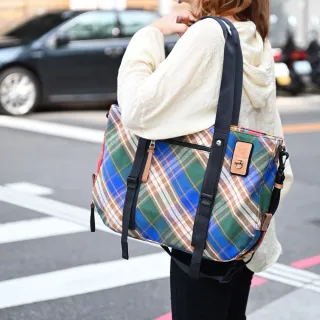 【LOEWE 羅威】品牌徽章LOGO雙面雙色格紋肩斜兩用托特包購物包