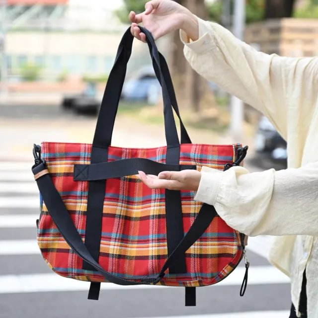 【LOEWE 羅威】品牌徽章LOGO雙面雙色格紋肩斜兩用托特包購物包