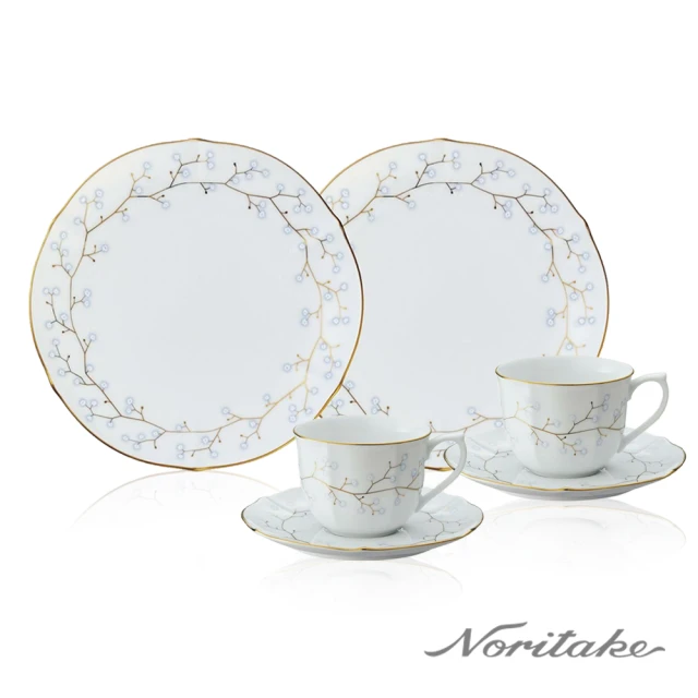 NORITAKE 白鈴祝福金邊白瓷可微波系列-餐瓷杯碟、點心盤 下午茶6件組(原廠禮盒組)